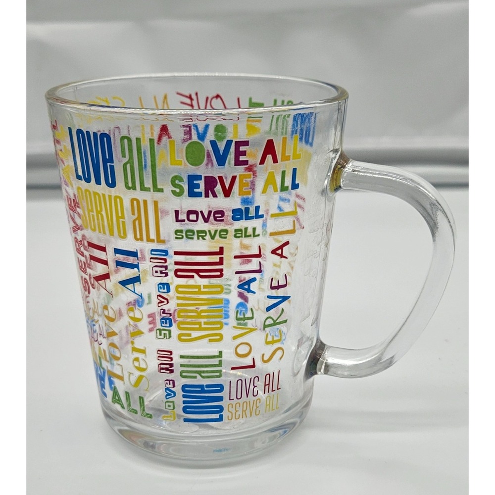 Hard Rock Cafe Glass Coffee Mug Cup Love All Serve All Colorful Collectible